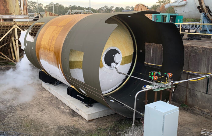 Boeing’s all-composite cryogenic fuel tank undergoing pressure testing at NASA’s Marshall Space Flight Center. (Boeing photo) lores