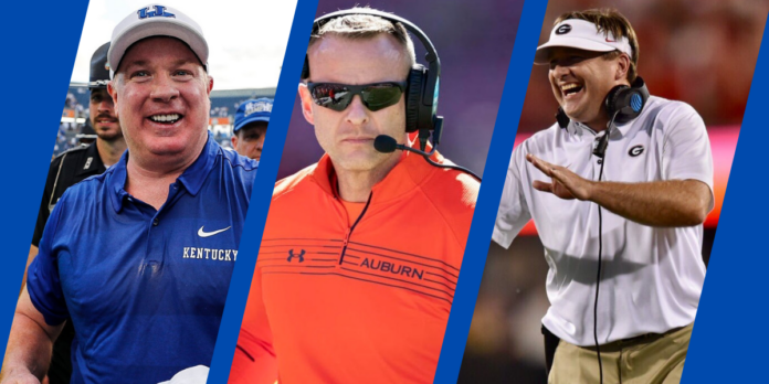 SEC football coaches Mark Stoops, Bryan Harsin, and Kirby Smart (L to R)