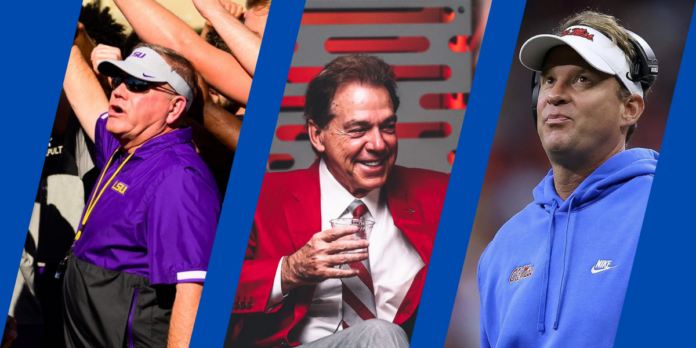 SEC Coaches Brian Kelly, Nick Saban, Lane Kiffin (L to R)