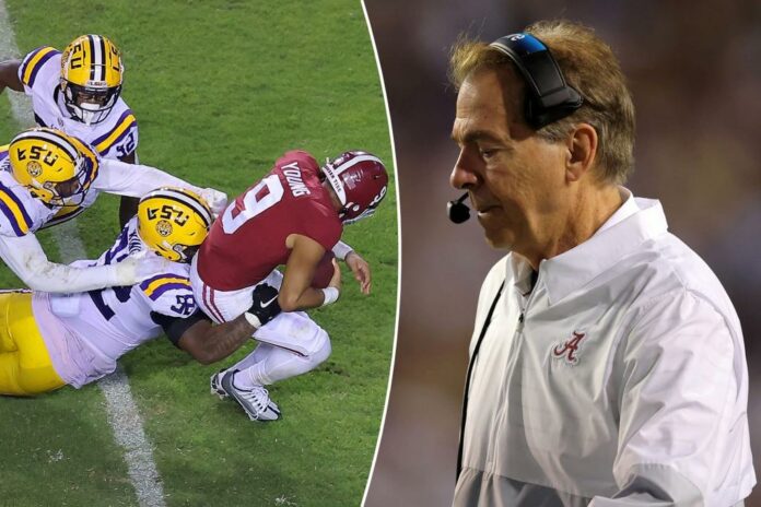 composite Nick Saban and Bryce Young getting sacked by LSU composite Nick Saban and Bryce Young getting sacked by LSU
