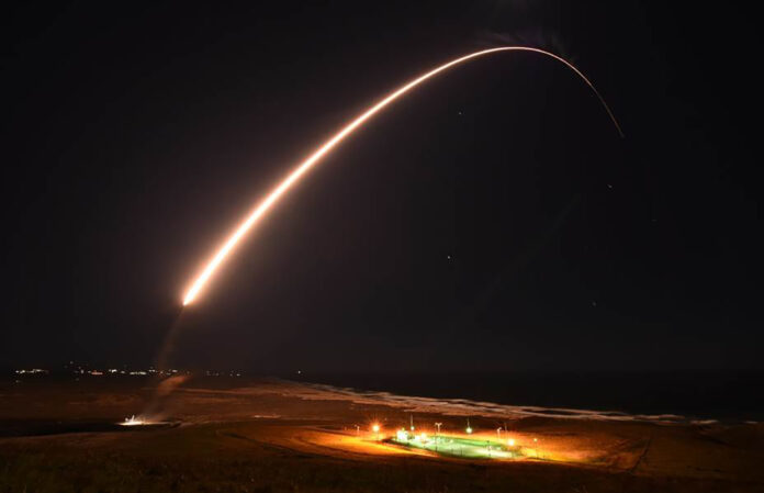 A Boeing-built Minuteman III ICBM takes flight from a launch facility at Vandenberg Space Force Base, California U.S. Space Force photo